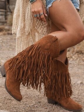 qupid Suede Fringe festival boho Cowgirl Boots, featuring western fringe